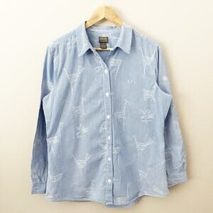 CHICO'S | Blue White Banker Stripe Embrodered Animal Collared Button Down | 3 XL